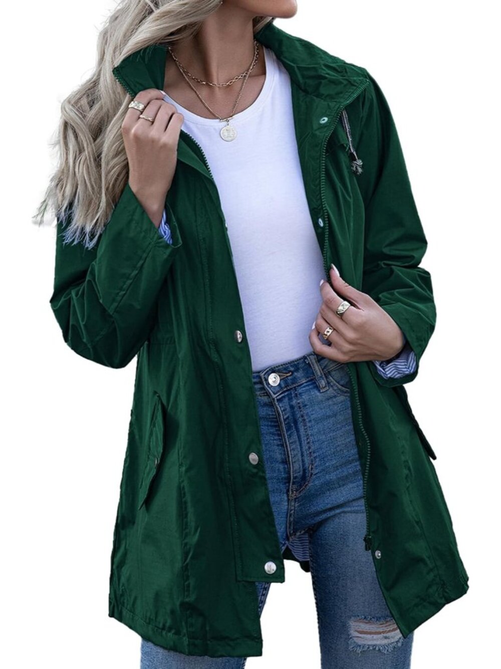 Women's Green Hooded Striped Lined Waterproof Active Hiking Packable Rain Jacket